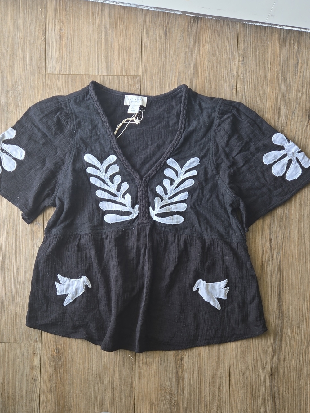 Calypso St. Barth Black Peasant Blouse with White Embroidery